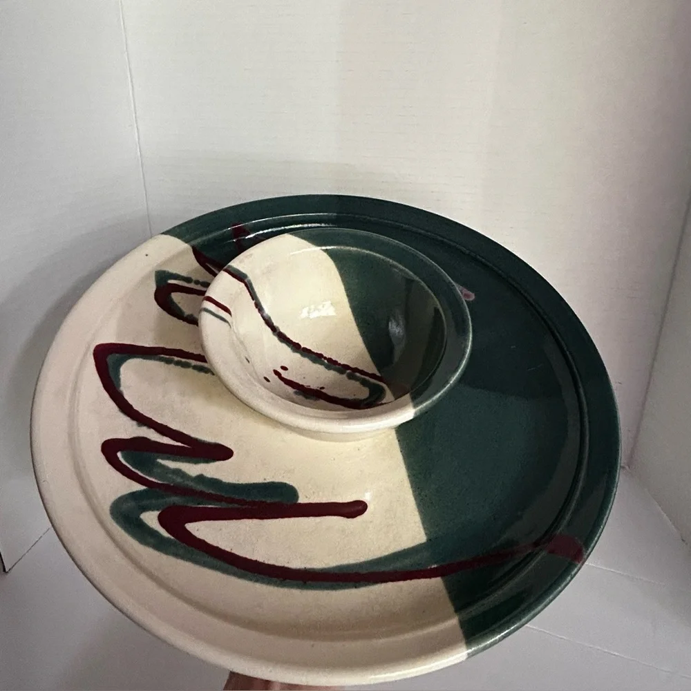 Chips and Salsa ArtisanStudio Pottery Serving Dish Jade Green Cream and Burgundy